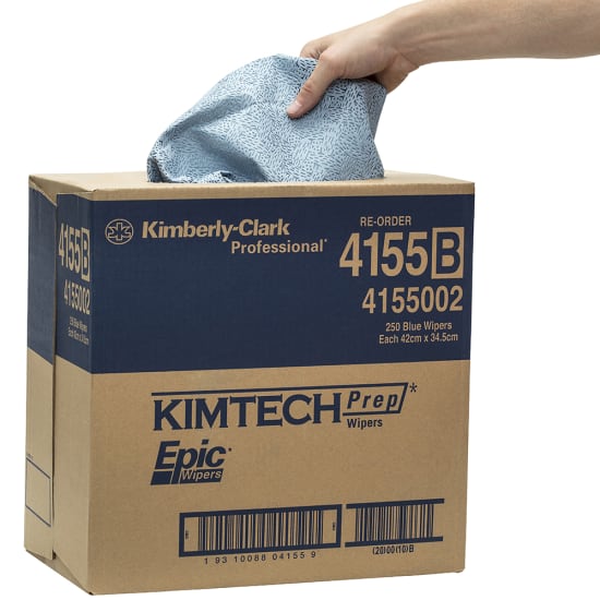 Heavy-duty blue Kimtech 4155 Prep Epic Wipers in a portable BRAG Box, measuring 42cm x 34.5cm, ideal for oil and solvent cleanup.