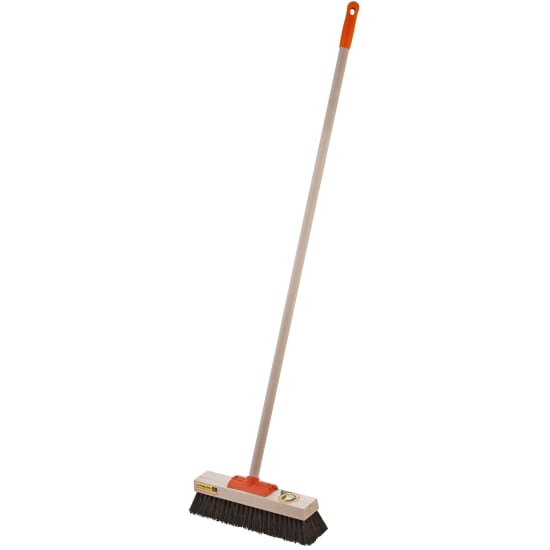Heavy-duty Raven Platform Broom with 355mm head, natural fibre bristles, ergonomic handle, and rust-resistant materials.