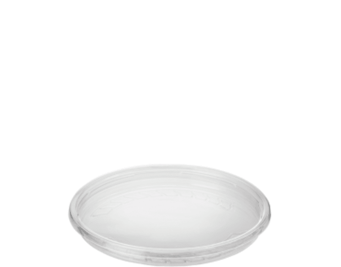 High clarity deli container lid with air-tight seal, fits all containers, made from recyclable P.E.T., ideal for food storage.