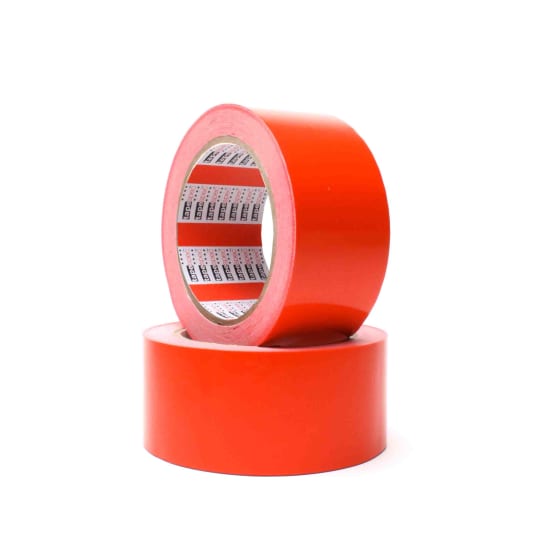 Red vinyl and bagneck tape roll, made from high-quality PVC, designed for secure sealing and effective color coding in packaging.