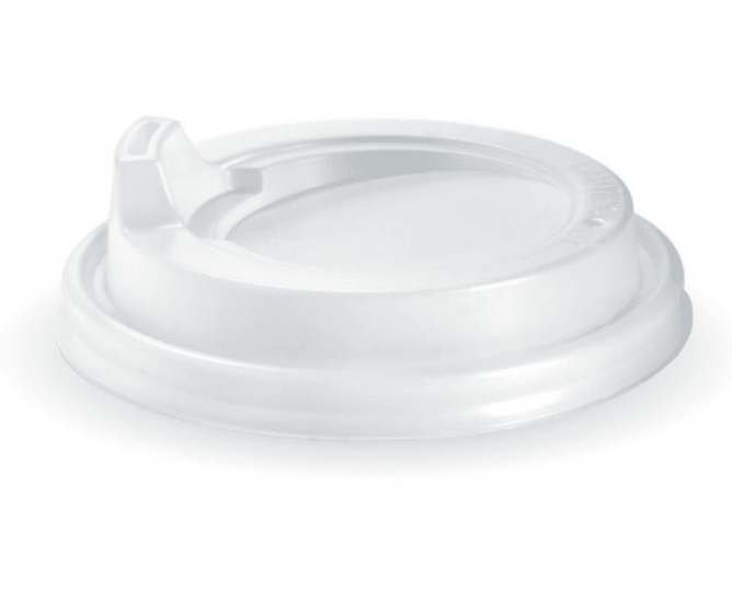 Biopak PS large white sipper lid for 8-20oz cups, 90mm diameter, features extended spout to prevent spills, pack of 50.