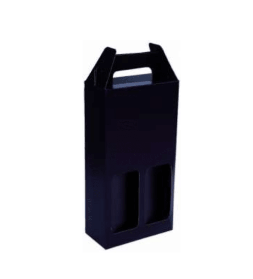 Elegant black double wine box for two bottles, perfect for gifts; 85 x 170 x 337mm; pack of 50 for events and celebrations.