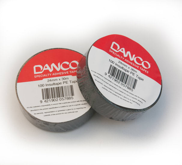 Danco Insulation Tape in black, 144mm x 30m, offers high adhesion for durable insulation and waterproofing tasks.