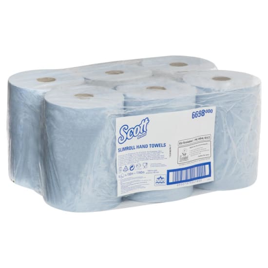 Scott 1-ply Slimroll Paper Towels in blue, featuring 176m rolls, designed for compact spaces and efficient hand drying.