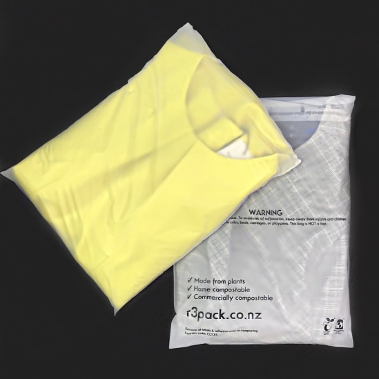 R3 Compostable Transparent Bags, 400 x 440mm, eco-friendly, sturdy, non-toxic, perfect for garment and retail packaging, 100-pack.