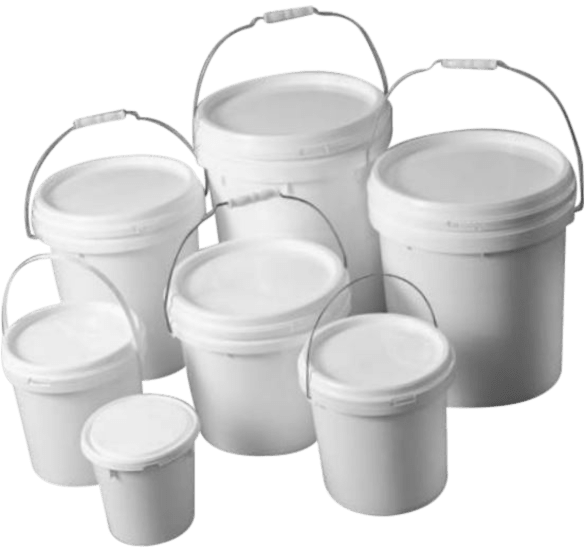 White plastic pails, 10 litres each, 20-pack for versatile storage and transport of liquids, paints, and food.