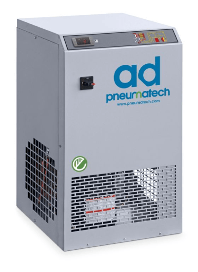 Pneumatec Non-Cycling Refrigeration Dryer showcasing digital display, advanced heat exchanger, and zero-loss electronic drain for efficient moisture removal.