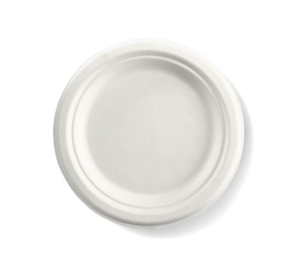 Eco-friendly round sugarcane plates, 18cm, 125-pack; sturdy, biodegradable, ideal for events and reducing plastic waste.