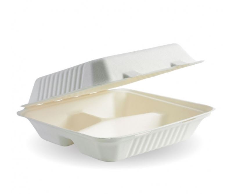 BioPak 3 Compartment White Plant Fibre Clamshell 23x23x8cm 100 (Pack)