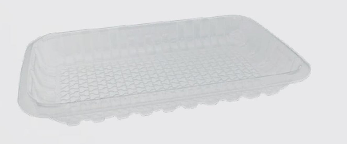 Clear rPET Gen 2 Moisturelock trays, 255x155x30mm, made from recycled PET, ideal for packaging fresh meats, fully recyclable.