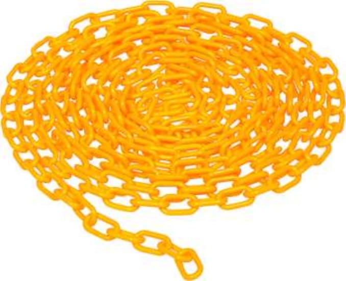 Durable 40m yellow plastic link chain on a reel, ideal for visibility in construction, events, and safety applications.