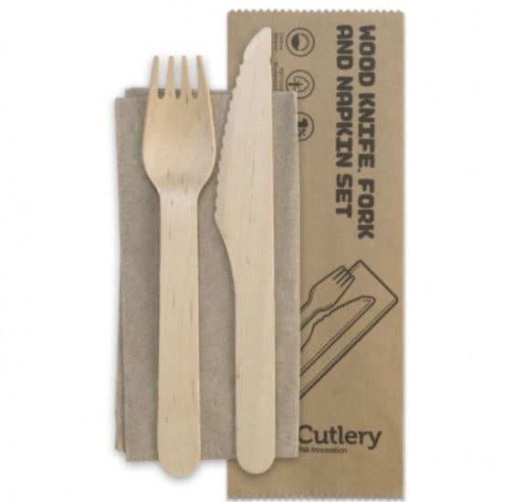 Eco-friendly 3 in 1 wooden cutlery set with knife, fork, and napkin, crafted from sustainably sourced birchwood, 16cm.