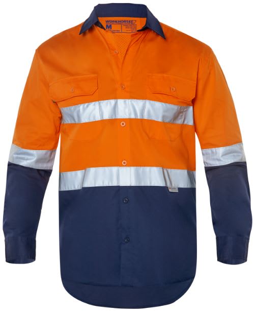 Workhorse, Hi Vis Cotton Lightweight Shirt, MSH001 - Fluro Ora/Navy (Size: L)