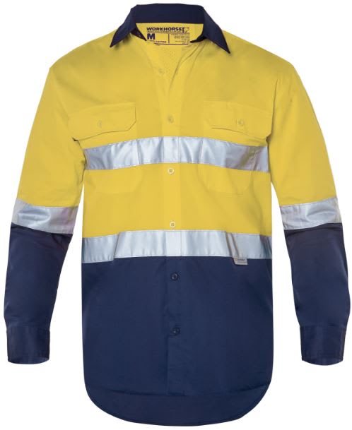 Workhorse, Hi Vis Cotton Lightweight Shirt, MSH001 - Fluro Yel/Navy - 4XL