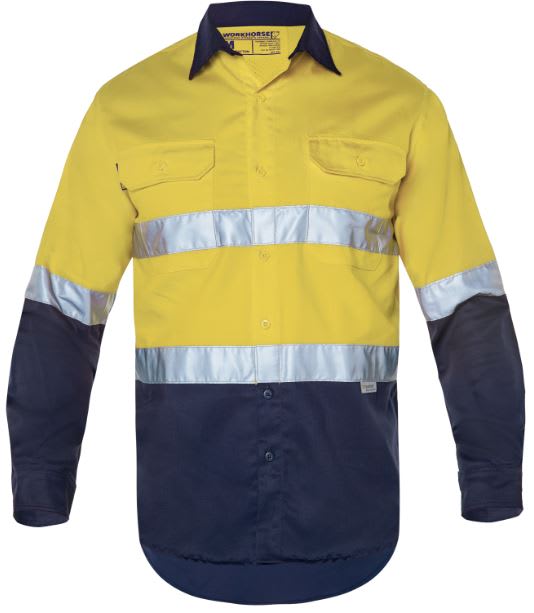 Workhorse Hi Vis Cotton Shirt MSH006 - Fluro Yel/Navy - L