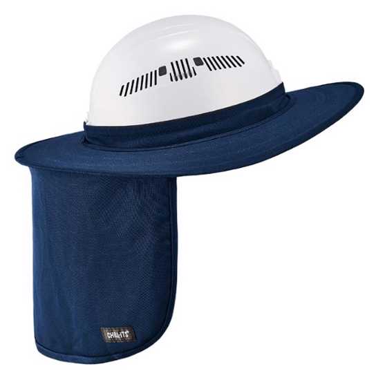 Chill-Its Hard Hat Brim in navy provides UV protection and comfort, fitting most hard hats for outdoor workers.