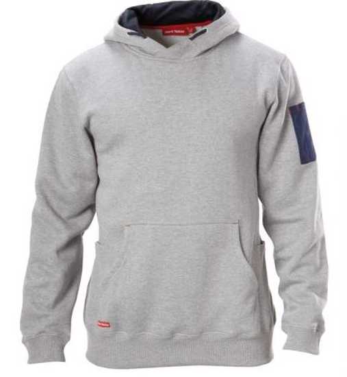 Grey Hard Yakka Brushed Fleece Hoodie Y19326, 4XL, with utility pockets, kangaroo pouch, and reinforced hood for durability.