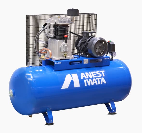 Anest Iwata 7.5HP compressor with 270L tank, oil-lubricated twin cylinder, 10 Bar max pressure for industrial air supply.
