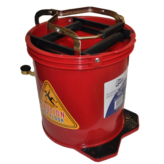 Filta Wringer Red Bucket 16L with foot press wringer for easy cleaning, durable castors, and HACCP approval for safety.