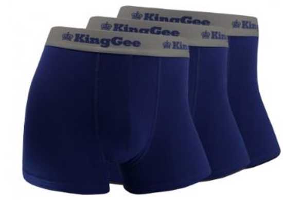 KingGee Bamboo Trunks in navy, pack of 3, size L; made from soft, breathable bamboo viscose for comfort and hygiene.