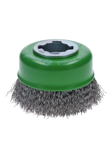 75mm stainless steel crimp cup brush for X-LOCK grinders, ideal for rust removal and light cleaning tasks.
