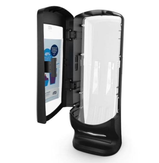 Tork Xpressnap N4 Napkin Dispenser Stand with upright design; delivers napkins one-at-a-time for hygiene and cost efficiency.