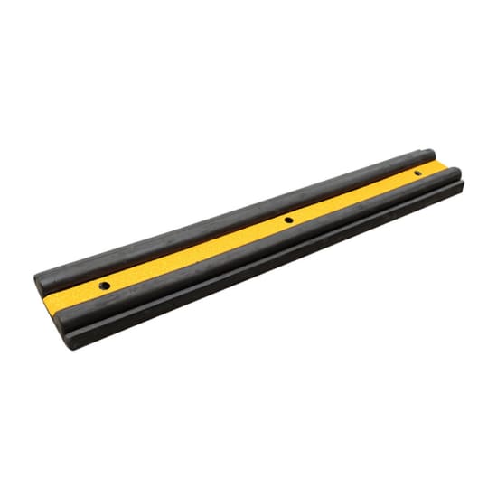 High-impact rubber wall protector designed to absorb damage from trolley traffic, featuring reflective yellow beads for visibility.