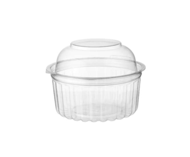 Clear round clam dome lids, 375ml capacity, tamper-evident, eco-friendly, perfect for showcasing food items in restaurants.