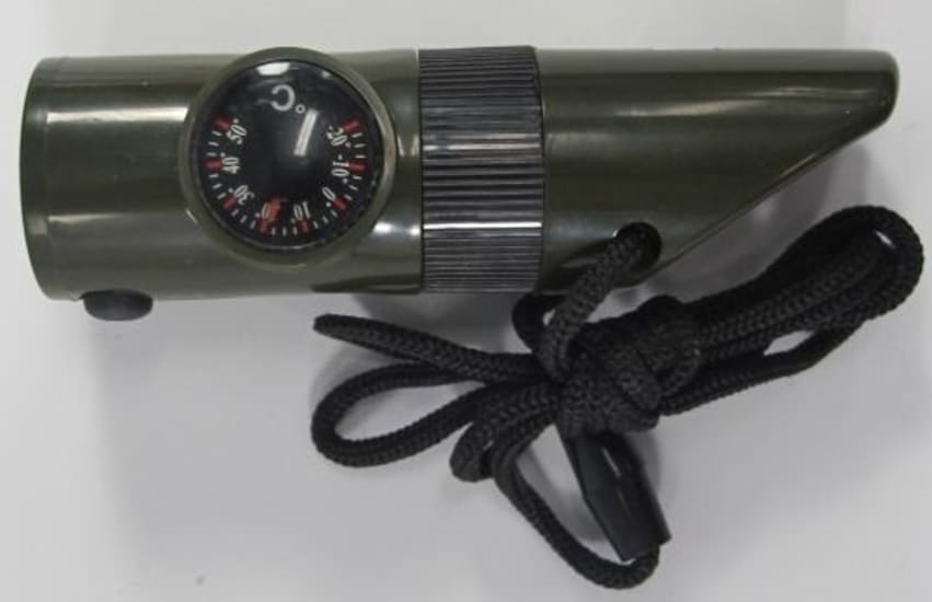 7-in-1 survival tool featuring a whistle, compass, flashlight, and more, ideal for outdoor adventures and emergencies.