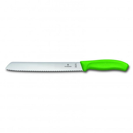 Victorinox 21cm green bread knife with wavy edge, ideal for precise slicing of crusty loaves and soft breads.
