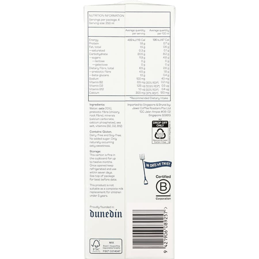 Otis Oat Milk High Fibre & Low Fat Carton 1L