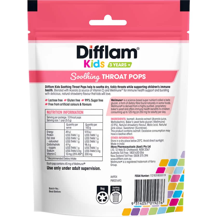 Difflam Kids Throat Pops Soothing Strawberry 3 Years + 10pk 50g