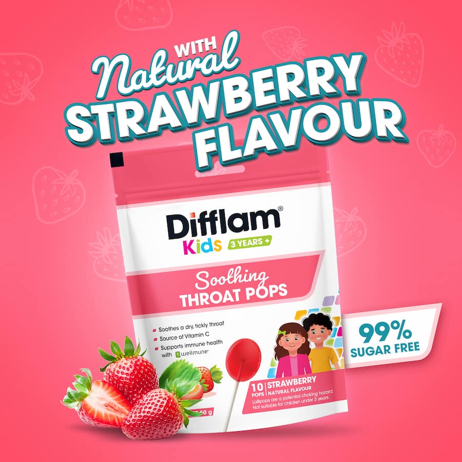 Difflam Kids Throat Pops Soothing Strawberry 3 Years + 10pk 50g
