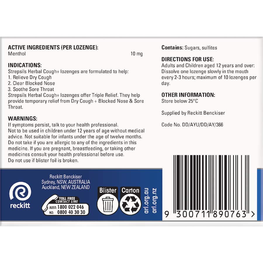 Strepsils Herbal Cough Throat Lozenges Menthol 16pack