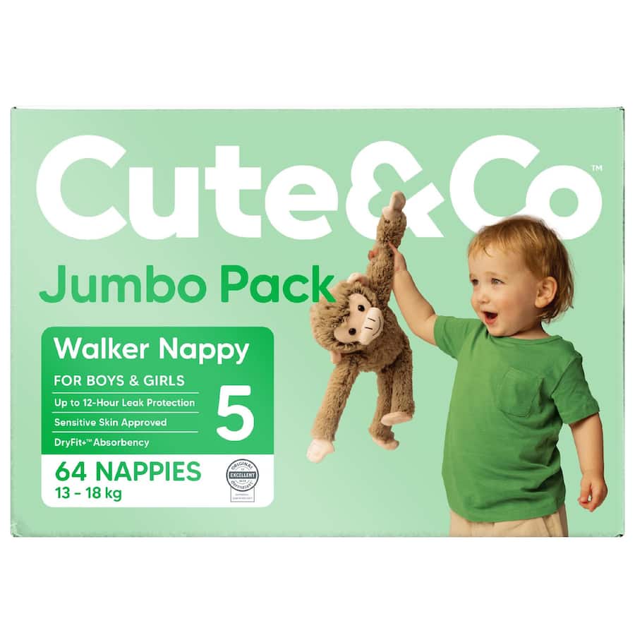Cute & Co Nappies Walker Boys & Girls 13-18kg Size 5 64pack