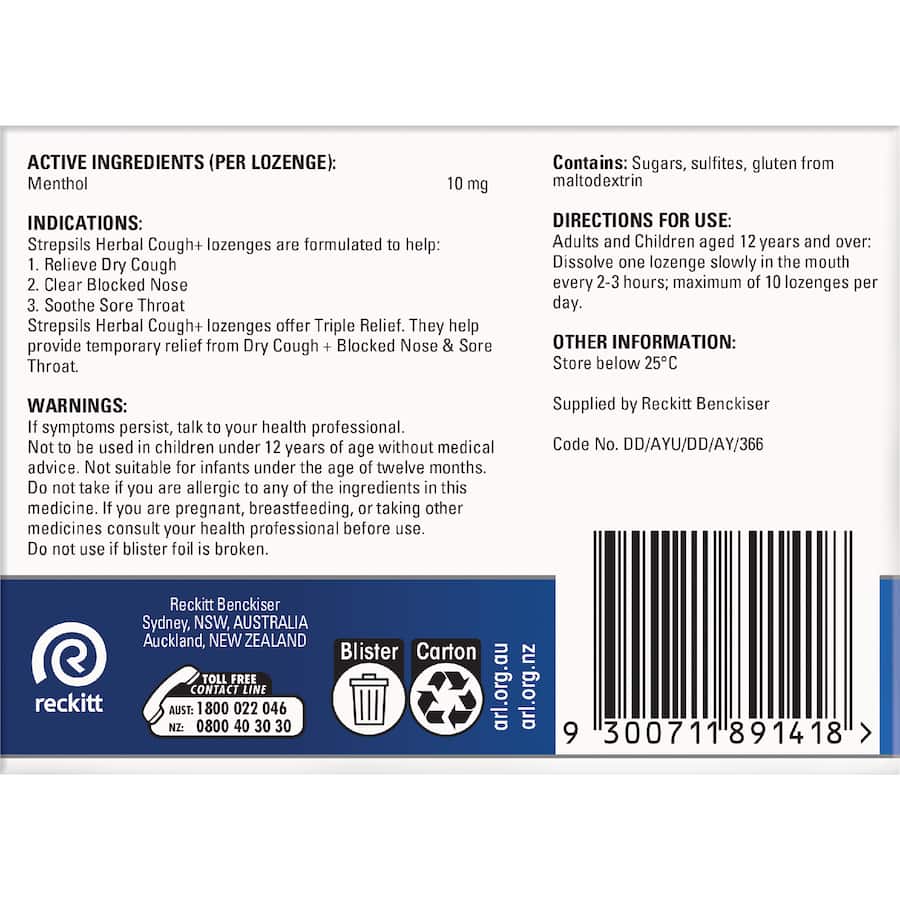Strepsils Herbal Cough Throat Lozenges Honey & Lemon 16pack