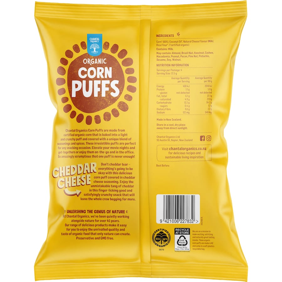 Chantal Organics Corn Puffs Cheddar Cheese 90g