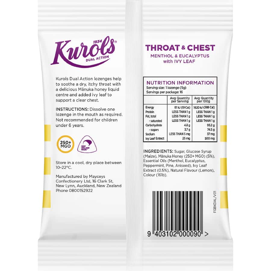 Kurols Dual Action Throat & Chest Lozenges Menthol & Eucalyptus 16pack