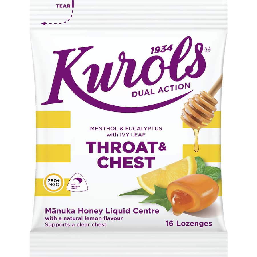 Kurols Dual Action Throat & Chest Lozenges Menthol & Eucalyptus 16pack
