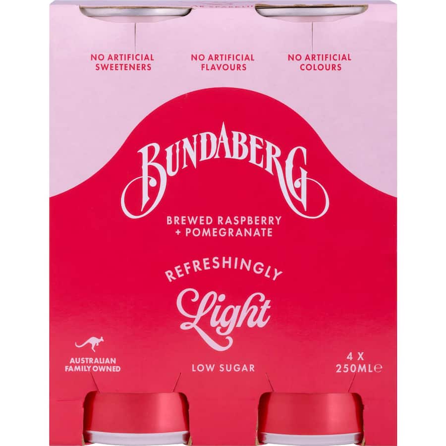 Bundaberg Refreshingly Light Soft Drink Raspberry & Pomegranate Cans 4x250mL