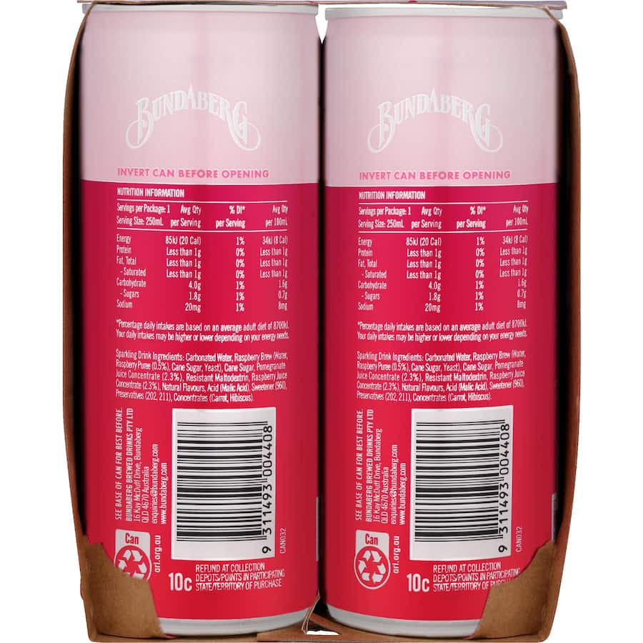 Bundaberg Refreshingly Light Soft Drink Raspberry & Pomegranate Cans 4x250mL