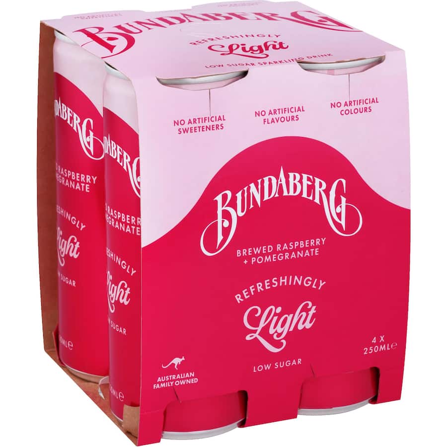 Bundaberg Refreshingly Light Soft Drink Raspberry & Pomegranate Cans 4x250mL