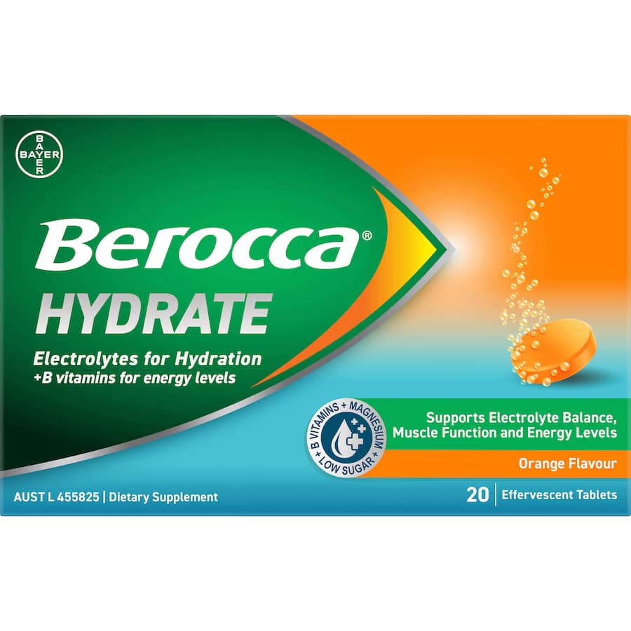 Berocca Hydrate Effervescent Tablets Electrolytes Orange Flavour 20pack
