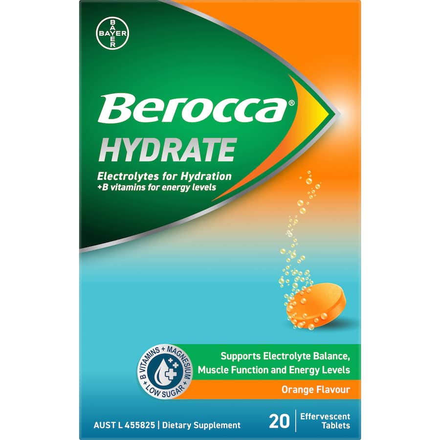 Berocca Hydrate Effervescent Tablets Electrolytes Orange Flavour 20pack