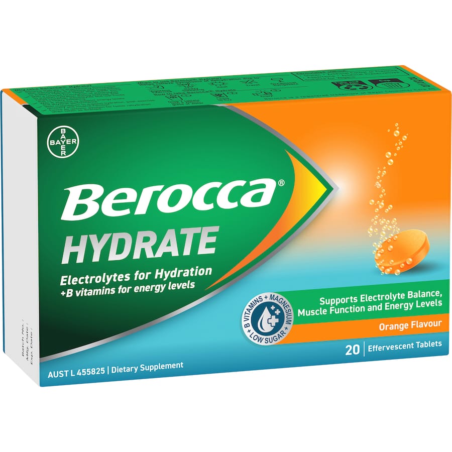 Berocca Hydrate Effervescent Tablets Electrolytes Orange Flavour 20pack