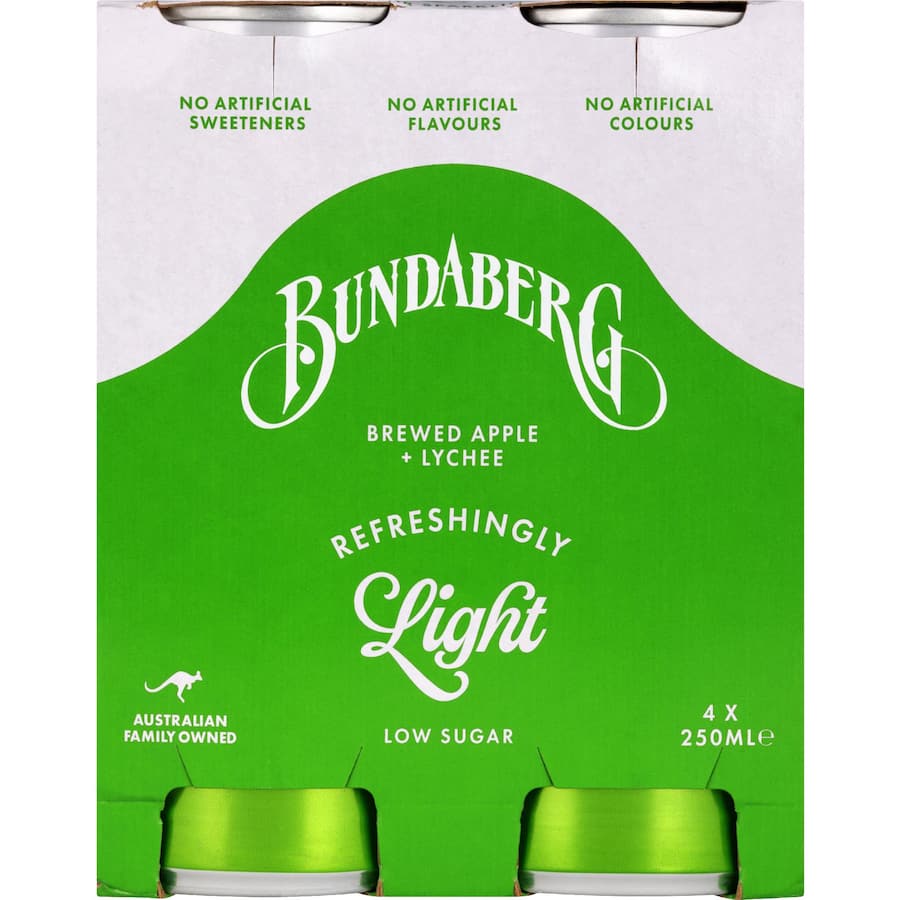 Bundaberg Refreshingly Light Soft Drink Apple & Lychee Cans 4x250mL