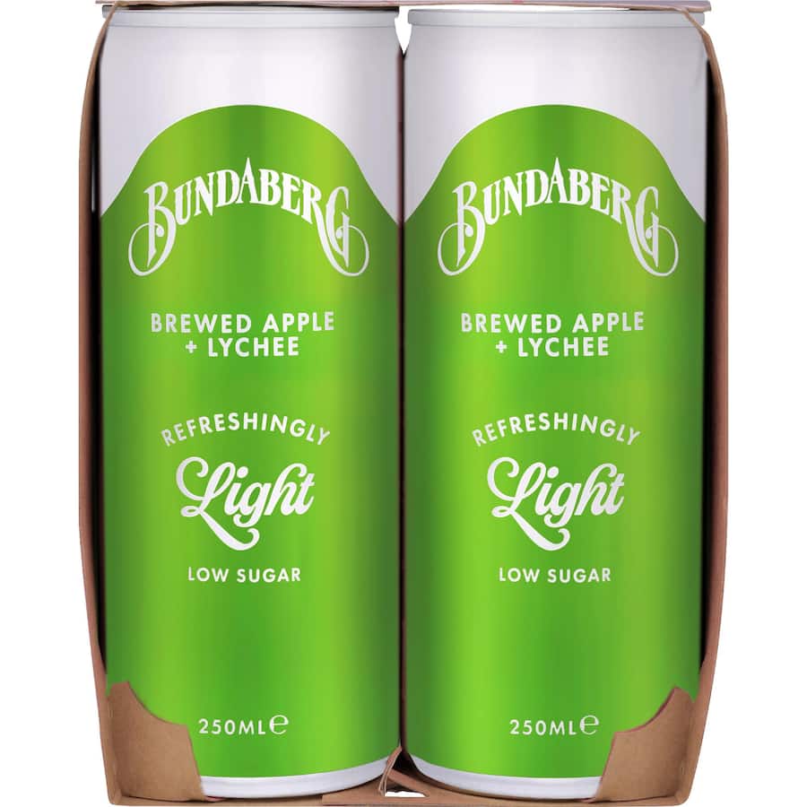 Bundaberg Refreshingly Light Soft Drink Apple & Lychee Cans 4x250mL