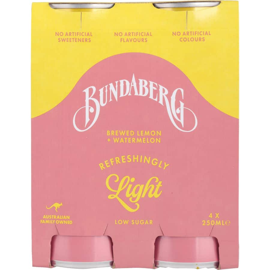 Bundaberg Refreshingly Light Soft Drink Lemon & Watermelon Cans 4x250mL