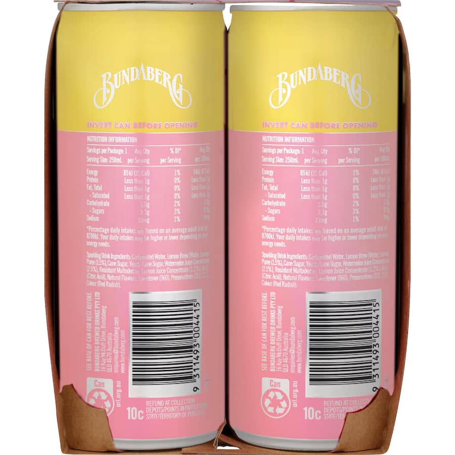 Bundaberg Refreshingly Light Soft Drink Lemon & Watermelon Cans 4x250mL