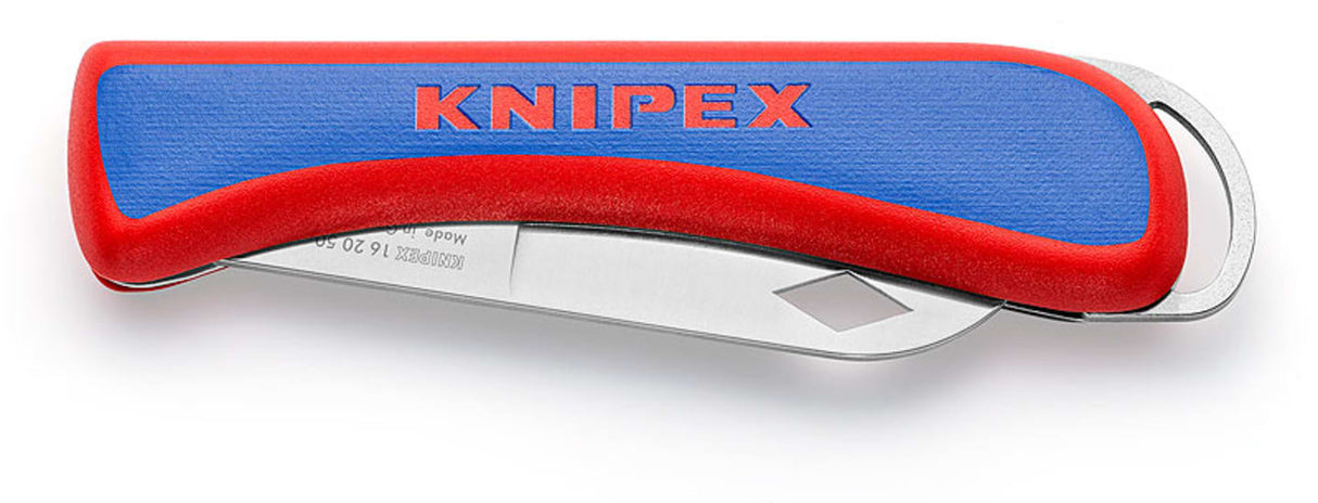 Knipex Folding Utility Knife with 80mm stainless steel blade, ergonomic handle, and tether attachment for versatile cutting.